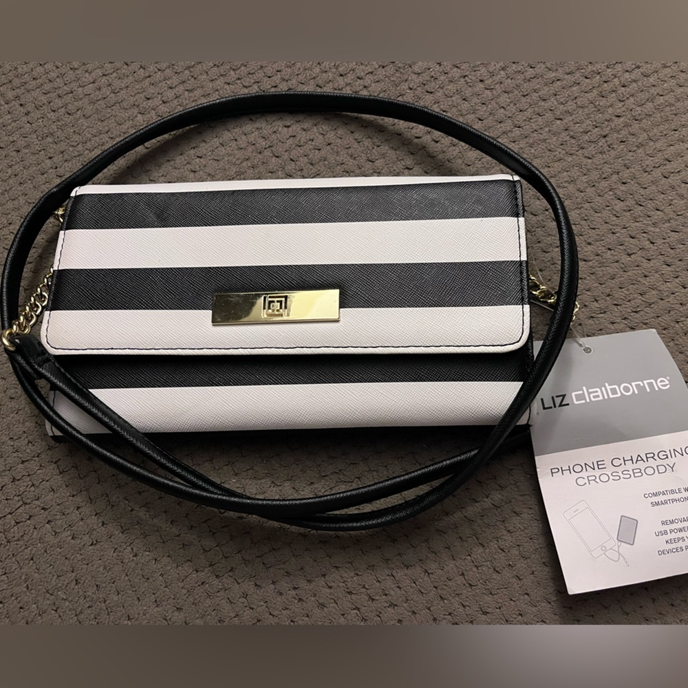 Liz Claiborne Black and White Striped phone charging Crossbody Bag